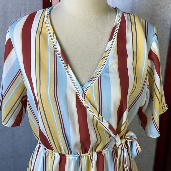 Pink Rose Retro 70s Vibe Faux Wrap Striped Peplum Blouse (Size: Large) - Picture 7 of 12